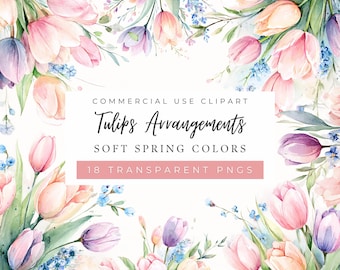 Imágenes prediseñadas de arreglos de tulipanes, ramo floral de primavera, primavera, colores pastel suaves, gráficos para bodas (uso comercial)
