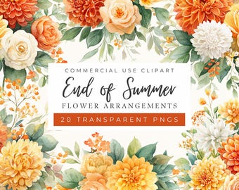 End of Summer Floral Arrangements, Watercolor Orange Bouquets, Yellow and Orange Flowers, Elegant, Warm Colors, Commercial Use, POD Allowed.
