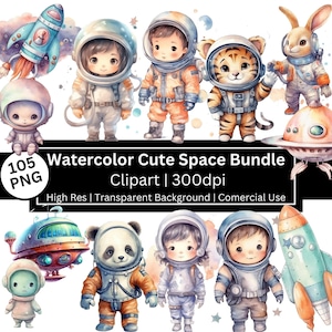 Clipart di un simpatico pacchetto spaziale, clipart di un astronauta acquerello per bambini, per la cameretta dei bambini, simpatico spazio, alieno, razzo, stelle, festa di compleanno, uso commerciale