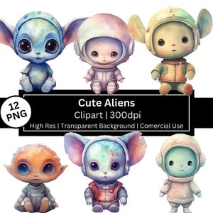 Clipart di alieni carini, clipart di spazio ad acquerello, cameretta dei bambini, spazio, pianeti, astronauti, stelle, animali strani, festa di compleanno, uso commerciale