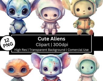 Watercolor Alien Clipart, Space Nursery Art, Birthday Party Theme, Wierd Animals, Astronaut (Commercial Use)