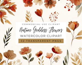 Imágenes prediseñadas de flores de la diosa de la naturaleza, colores terrosos, gráficos rústicos para bodas, flores silvestres, detalles dorados (uso comercial)
