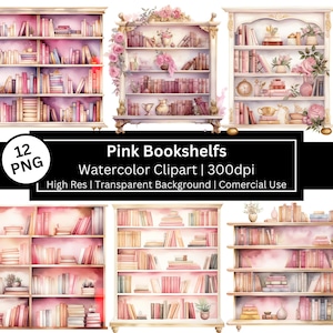 Roze aquarel boekenplank clipart, boekenliefhebber, boekenwurm, plakboek, gezellig lezen, hobby, vrije tijd graphics, commercieel gebruik, POD toegestaan