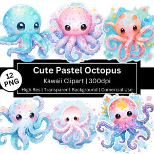 Süßer kawaii Oktopus, Oktopus Clipart, süße Chibi Tiere, Pastellfarben, Fantasy, Kawaii Aufkleber, freie kommerzielle Nutzung, POD erlaubt