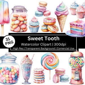 Sweet Tooth clipart, desserts clipart, Candyland, Candy Store, aquarel snoep, pastelkleuren, stickers, instant download, commercieel gebruik.