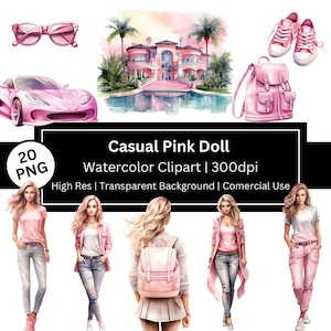 Pink Doll Clipart, High quality Watercolor Casual Doll, Set of 20 Beautiful Doll graphics, Cute Girl Fashion Accessories, Comercial Use, POD