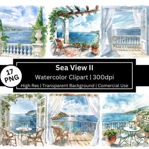 Clipart scène de mer, illustration vue mer, graphiques de voyage, aquarelle océan, été, plage, Italie, Grèce, envie de voyager, voyageur, POD autorisé