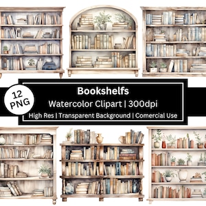 Aquarel boekenplank clipart, boekenliefhebber, boekenwurmbundel, plakboek, gezellig lezen, hobby, vrije tijd graphics, commercieel gebruik, POD toegestaan