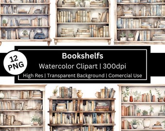 May include: A collection of watercolour bookshelf clipart images. The bookshelves are filled with books of various sizes and colours. The image includes text that reads "Bookshelfs Watercolor Clipart | 300dpi High Res | Transparent Background | Comercial Use".