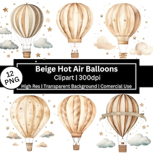 Könnte beinhalten: Aquarell-Illustration von beigefarbenen Heißluftballons mit braunen Akzenten, Wolken und Sternen. Der Text "Beige Hot Air Balloons Clipart | 300dpi" ist enthalten.