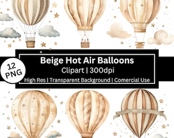 Clipart di mongolfiera ad acquerello: arte per bambini in beige, vintage, PNG di genere neutro (uso commerciale)