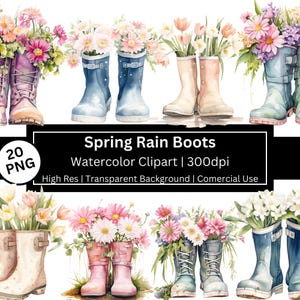Lenteregenlaarzen, aquarel tuin clipart, bloemen graphics, tuinieren, bloemen, planner stickers, dagboek, gratis commercieel, POD toegestaan