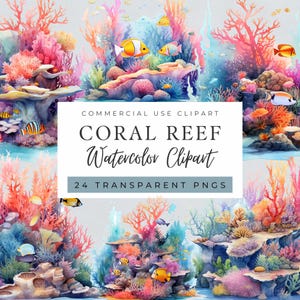 Clipart koraalrif, aquarel oceaanrif, kleurrijke onderwaterscène, zeeleven, zomer, marine, kaarten maken, gratis commercieel gebruik, POD toegestaan
