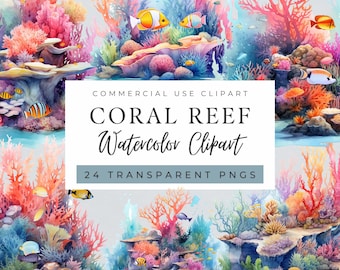 Imágenes prediseñadas de arrecifes de coral en acuarela, colorida vida marina, PNG de aguas profundas, sublimación (uso comercial, se permite la impresión bajo demanda).