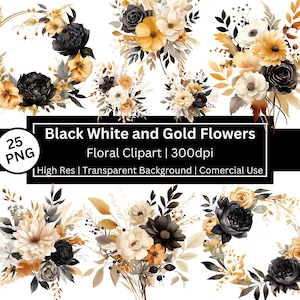 Clipart de flores en blanco y negro y dorado, ramos florales de acuarela, elementos florales para bodas, fiestas, arte botánico, uso comercial, se permite POD
