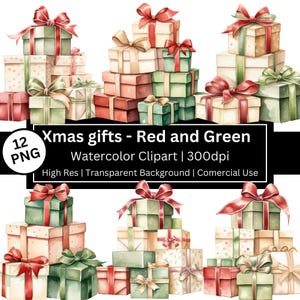 Kerstcadeaudozen Clipart, aquarelcadeau, kerstillustraties, aquarel geschenkdozen, kersttijd, geschenken, commercieel gebruik, POD toegestaan.