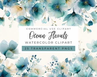 Imágenes prediseñadas de flores marinas, ramos de acuarela azul empolvado, elegantes gráficos para bodas, colores suaves (uso comercial).