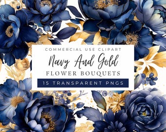 Imágenes prediseñadas florales en azul marino y dorado: ramos de flores en acuarela, gráficos para bodas (uso comercial, impresión bajo demanda).