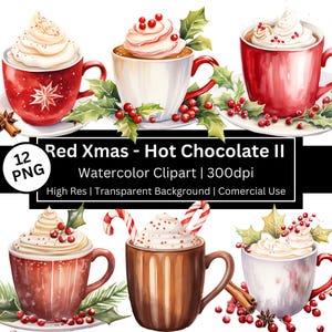 ホットココアのクリップアート、12 個のホットチョコレート PNG のセット、赤い居心地の良いクリスマス、冬のジャンクジャーナル、コーヒーマグ、キャンディケイン、商用利用、POD 許可。