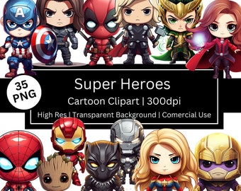 Clipart super héros et méchant, lot de 35 super-héros classiques dessin animé mignon, personnages kawaii, art mural film, usage commercial, POD autorisé
