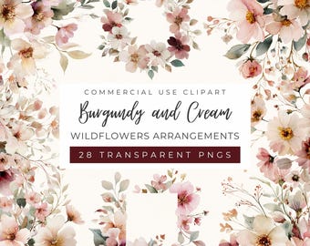 Imágenes prediseñadas de arreglos de flores silvestres, gráficos para bodas rústicas, invitaciones florales, burdeos, crema, estilo bohemio, pradera (uso comercial)