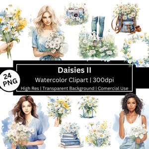 Madeliefjes clipart, aquarel madeliefjes graphics, mode meisje clipart, lente stickers, weide, wilde bloemen, gratis commercieel, POD toegestaan