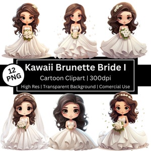 Clipe de noiva fofo, conjunto de 12 desenhos animados kawaii de morena, romance, gráficos fofos de casamento, vestido de noiva, diário de sucata, adesivos, uso comercial