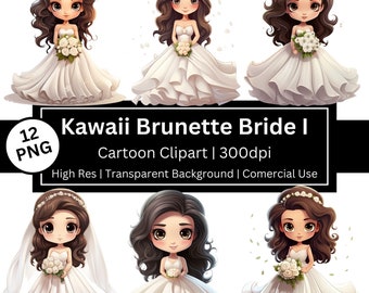 Cute Bride Clipart, Set of 12 Brunette Kawaii Cartoon, Romance, Cute Wedding Graphics, Wedding Dress, Junk Journal, Stickers, Comercial Use