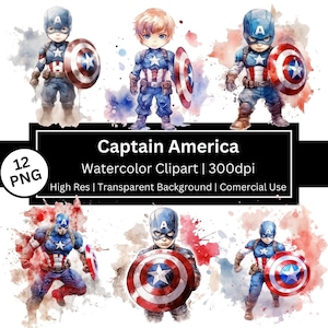 Captain America Aquarell Clipart, süßes Kind Captain America, Superheld Grafik, Filmkunst, Party, Journal, kommerzielle Nutzung, POD erlaubt