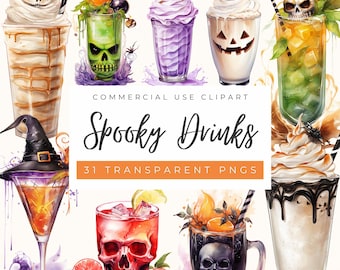 Akvarell läskiga drinkar Clipart: Halloweenfest PNG, lila cocktails (kommersiellt bruk, POD tillåtet)
