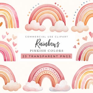 Op de afbeelding: Waterverf clipart met regenbogen in roze kleuren. De afbeelding bevat verschillende regenboogontwerpen met wolken en harten. Tekst op de afbeelding luidt "COMMERCIAL USE CLIPART", "Rainbows", "PINKISH COLORS" en "23 TRANSPARENT PNGS".