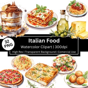 Italian Food Clipart, Italian Watercolor Illustration, Travel, Traditional Recipes, Pasta, Pizza Clipart, Instant Download, Commercial Use.