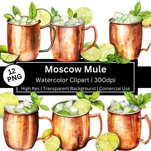 Aquarell Moskauer Mule Clipart, 12 hochwertige PNG, Barkarte, Cocktail, Ginger Lime, Gästebuch, kommerzielle Nutzung, POD erlaubt Sofort-Download
