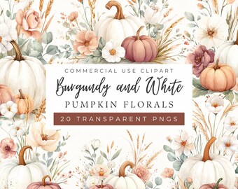 Burgundy White Pumpkin Floral Clipart, Autumn Flowers, Soft Pastel Colors, Fall Graphics (Commercial Use)