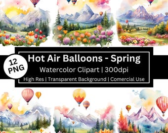 Watercolor Hot Air Balloon Clipart, Spring Flowers, Vintage Illustrations, Spring Scrapbook, Sublimation (Commercial Use)