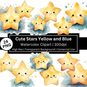 Watercolor Cute Star Clipart, Smilling Stars illustration, Twinkle Little Star, Commercial Use, Baby Shower, Nursery, Dreamy, POD Allowed