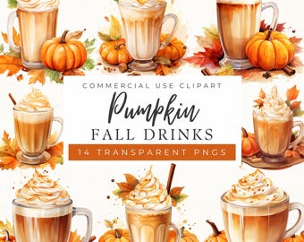Herfstdrankjes clipart, aquarel Pumpkin Spice Latte, Chai, Kaneel, Herfst PNG, Frappuccino (commercieel gebruik)