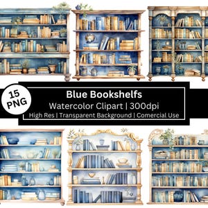Blauwe aquarel boekenplank clipart, boekenliefhebber, boekenwurm, plakboek, gezellig lezen, hobby, vrije tijd graphics, commercieel gebruik, POD toegestaan