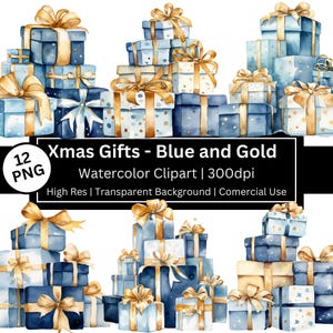 Blauwe kerstcadeaus clipart, blauwe kerst, set van 12 geschenkverpakkingen png, gezellige kerst, aquarelcadeau, kersttijd, commercieel gebruik, POD toegestaan.