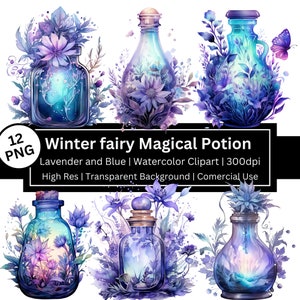 May include: Twelve watercolor illustrations of glass bottles filled with a magical potion. Each bottle is surrounded by lavender and blue flowers. The bottles are perfect for creating whimsical designs for invitations, cards, and other crafts.