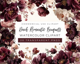Imágenes prediseñadas florales románticas oscuras, flores color borgoña, ramos góticos, estética cottagecore, gráficos para bodas (uso comercial)