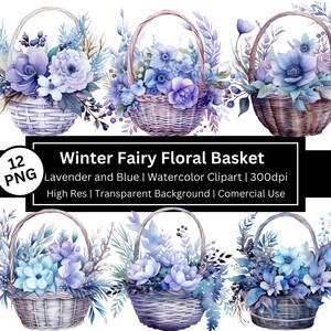 Winter Fee Blumenkorb Clipart, Blau und Lavendel, verzaubert, Imagination, Fantasy, magisch, Blumen, kommerzielle Nutzung, POD erlaubt