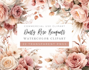 Imágenes prediseñadas de ramos de rosas empolvadas, gráficos para bodas, invitaciones elegantes, colores suaves, peonías, rosas (uso comercial)