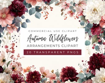 Imágenes prediseñadas de arreglos florales otoñales, invitación de boda otoñal, baby shower, ramo blanco y burdeos (uso comercial)