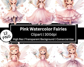 May include: Twelve watercolor illustrations of fairies with pink dresses, wings, and flowers. The fairies have blonde hair and are wearing flower crowns. The background is white.