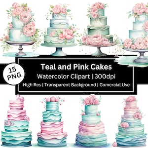 May include: A set of 15 watercolor clipart images of teal and pink wedding cakes with floral decorations. The cakes are on stands and have a transparent background.