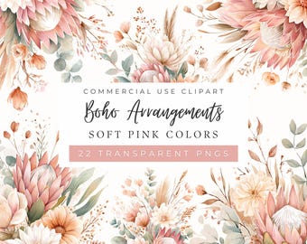 Arreglos florales bohemios en tonos rosas, ramos de flores en acuarela, gráficos para bodas bohemias, flores secas (uso comercial, impresión bajo demanda).