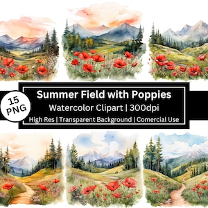 Zomer landschap clipart, klaprozenveld, aquarel weide, reizen, bergen, wilde bloemen, bloemenveld, gratis commercieel gebruik, POD toegestaan