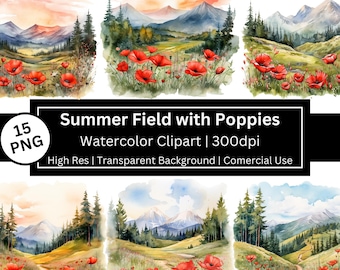 Mohnfeld Clipart, Sommer Landschaft, Aquarell Wiesenblick, Wildblumen, Berge, Floral (Kommerzielle Nutzung, POD)