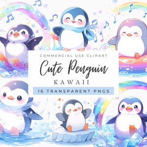 Lindo pingüino kawaii, clipart de pingüino, lindos animales chibi, colores azules suaves, guardería, sublimación, pegatinas, uso comercial gratuito, se permite POD